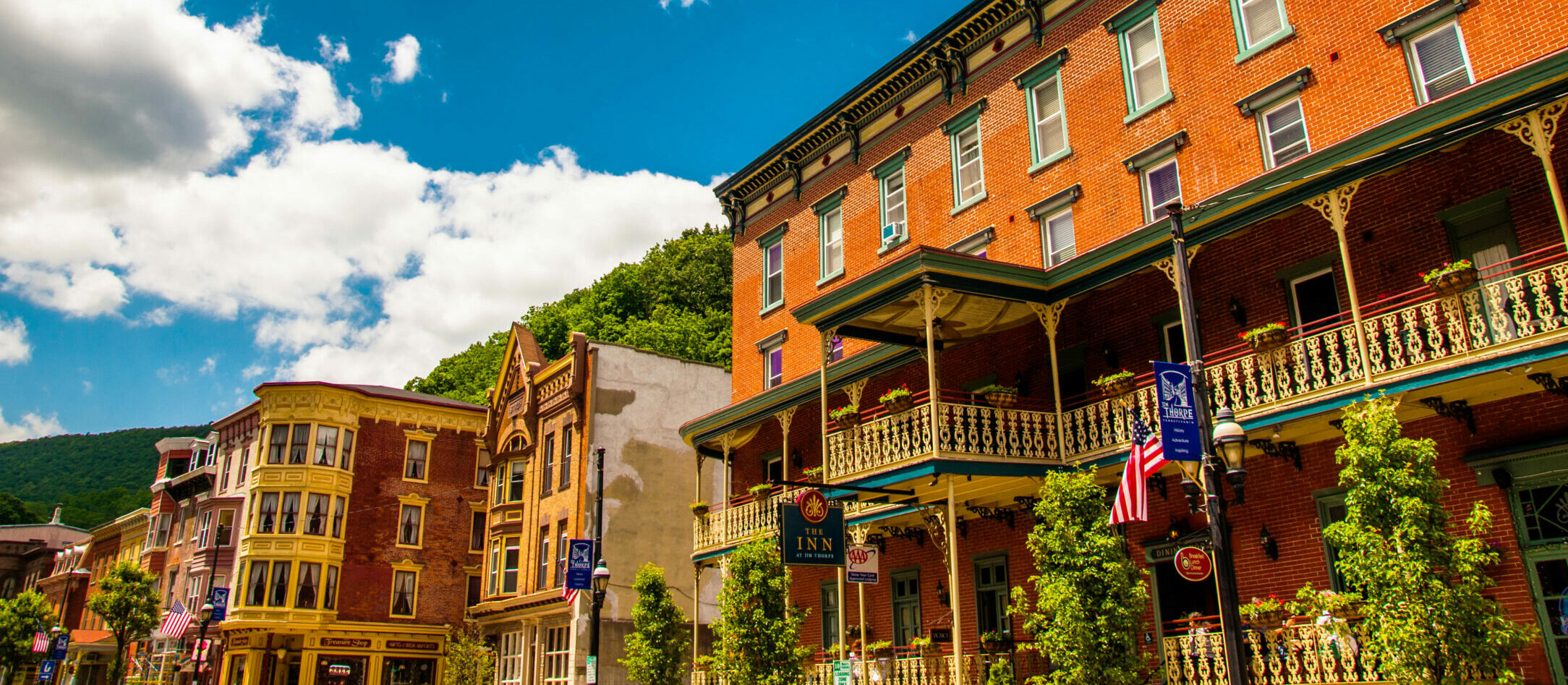 Beautiful summer sky over buildings in historic Jim Thorpe, Pennsylvania.