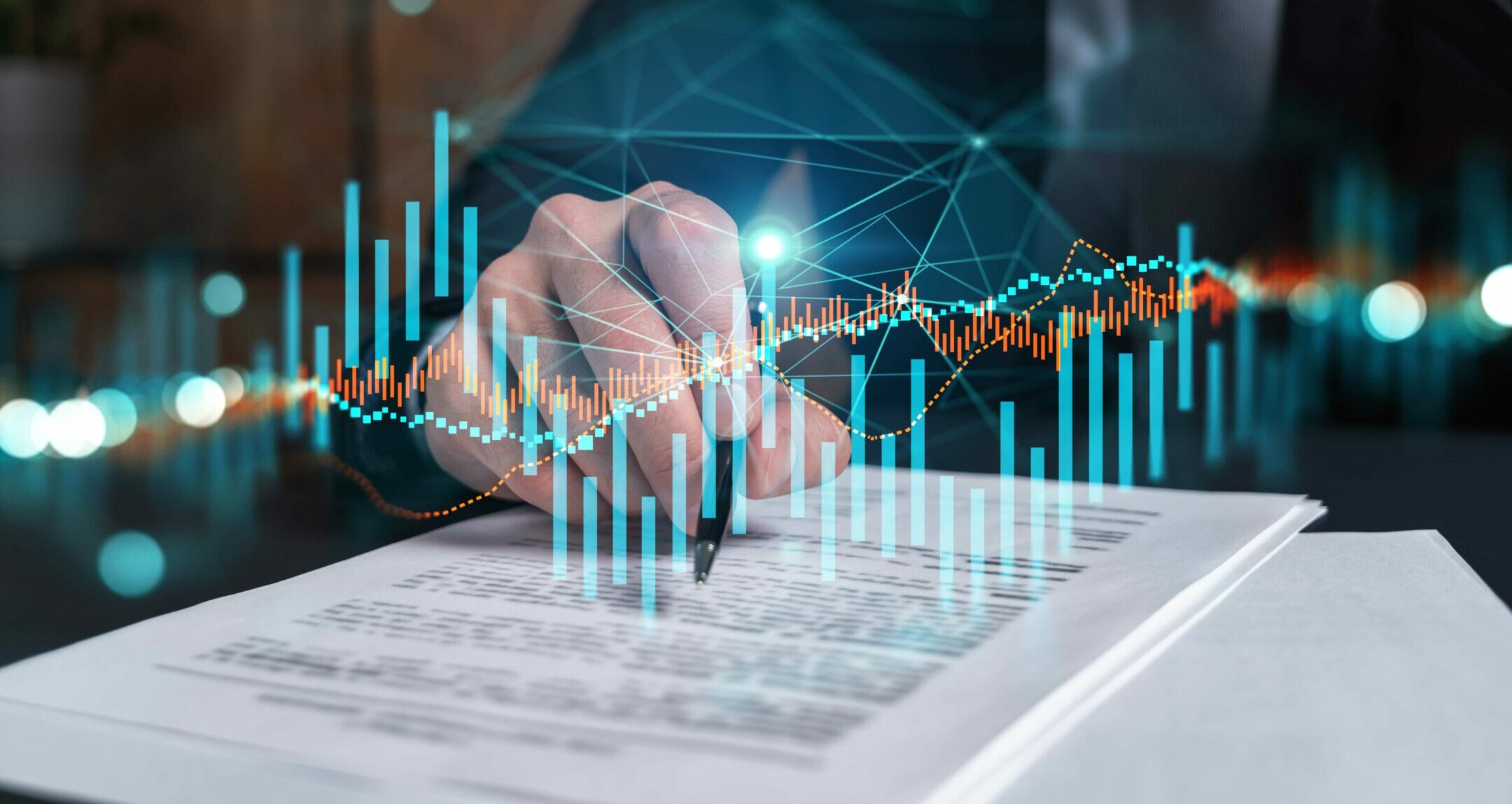 Businessman in suit signs contract. Double exposure with forex graph hologram. Man signing brokerage agreement. Financial market analysis and investment concept.