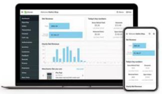 Clover graphic of desktop monitor displaying graphs.