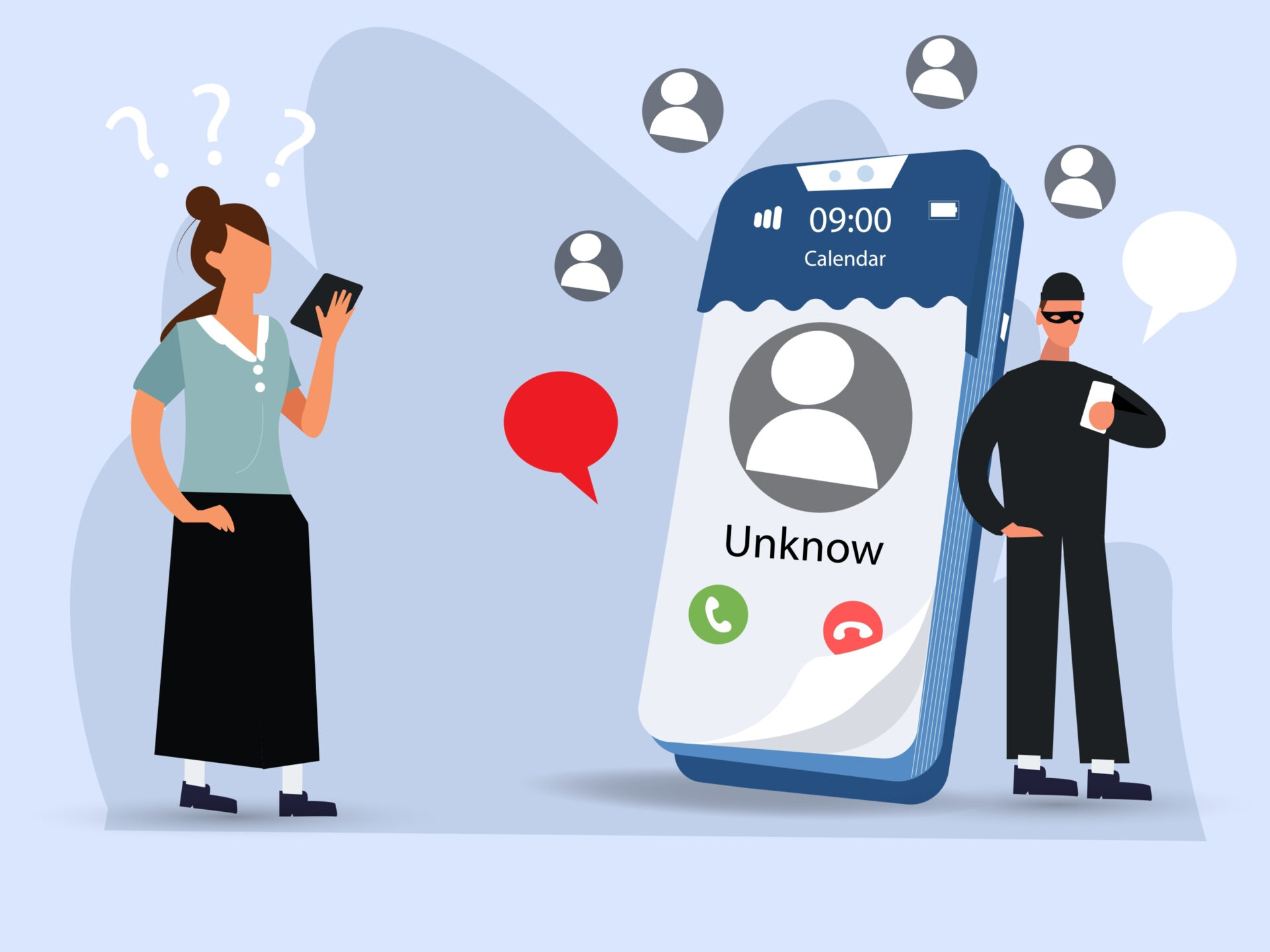 Cheater Prank or Scam Activity Concept. peple Fraud Call from Unknown Number to Subscriber. Hoax Warning, Suspicious Anonymous Calls. Vector Illustration.